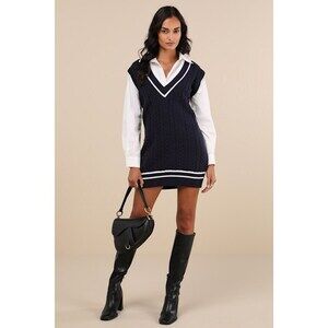 Lulus Classic Darling Navy Collared V-neck Sweater Mini Dress Blue - Size M